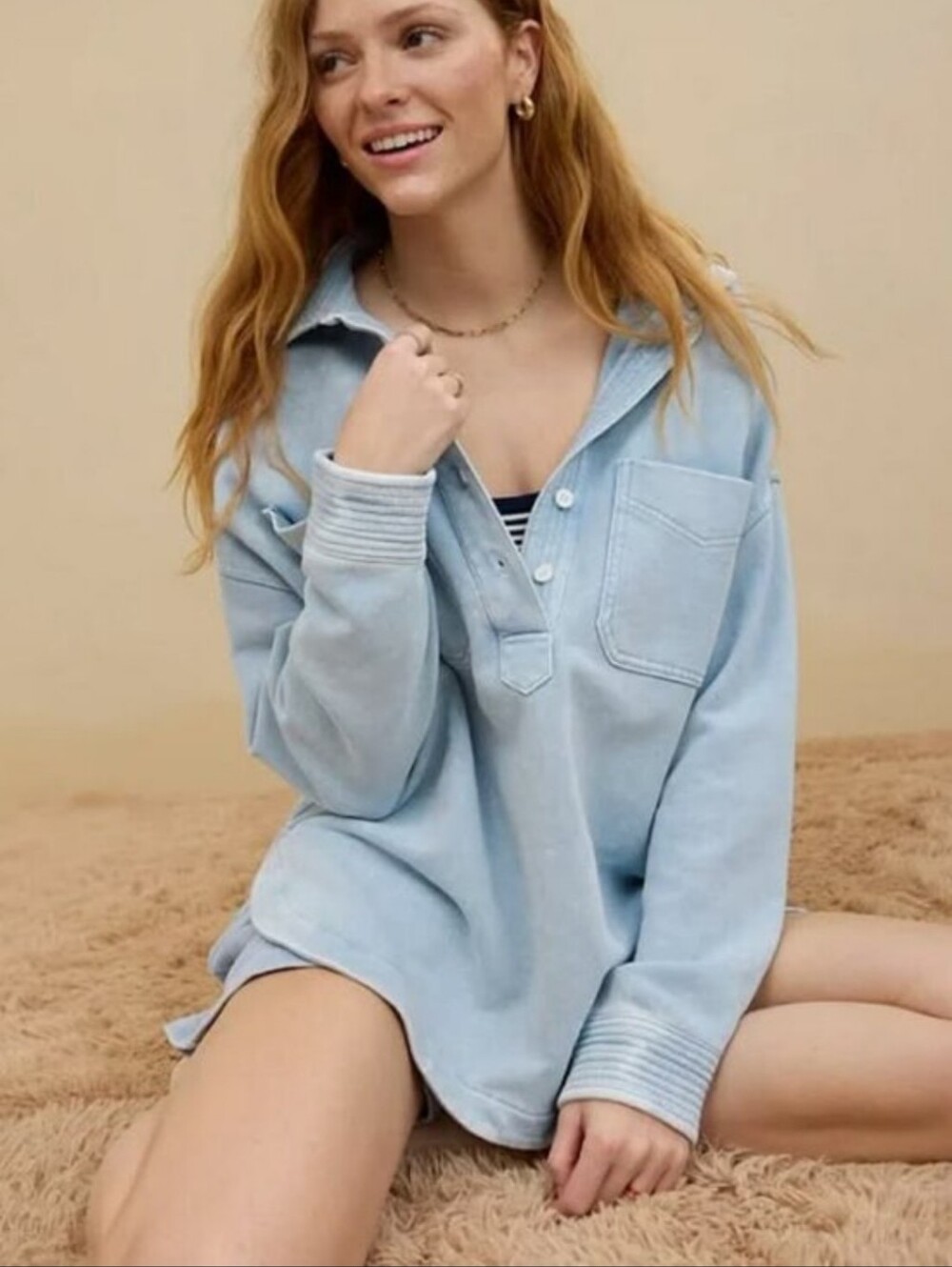Aerie Blue Popover Polo Sweatshirt